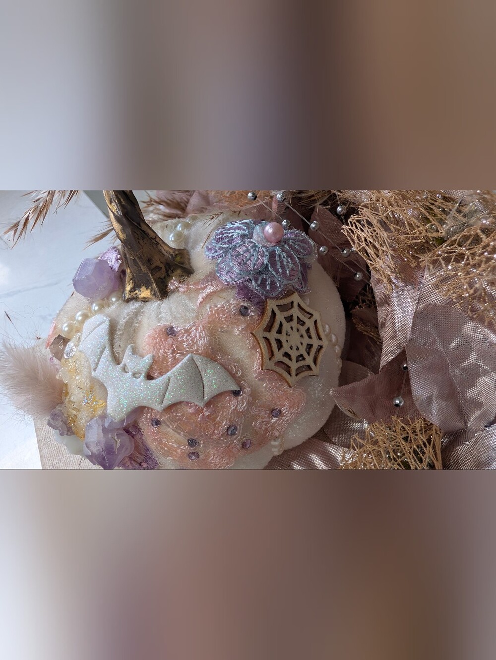 Handmade Whimsical Halloween Pink Pumpkin & Amethyst Crystal Table Art